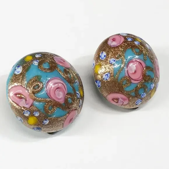 VTG Itlay Venetian Murano Fiorato Lampwork Wedding Cake Button Clip On Earrings - Picture 10 of 12